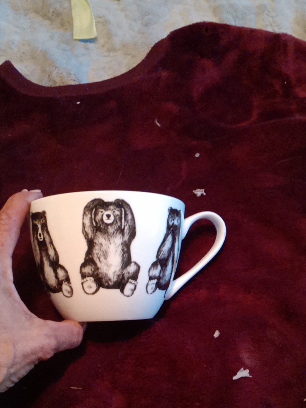 White Ceramic Bear Print Teacup